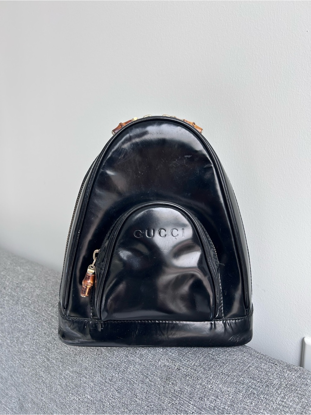 Gucci Black Patent Leather Mini Backpack with Bamboo Zip Accents AS IS